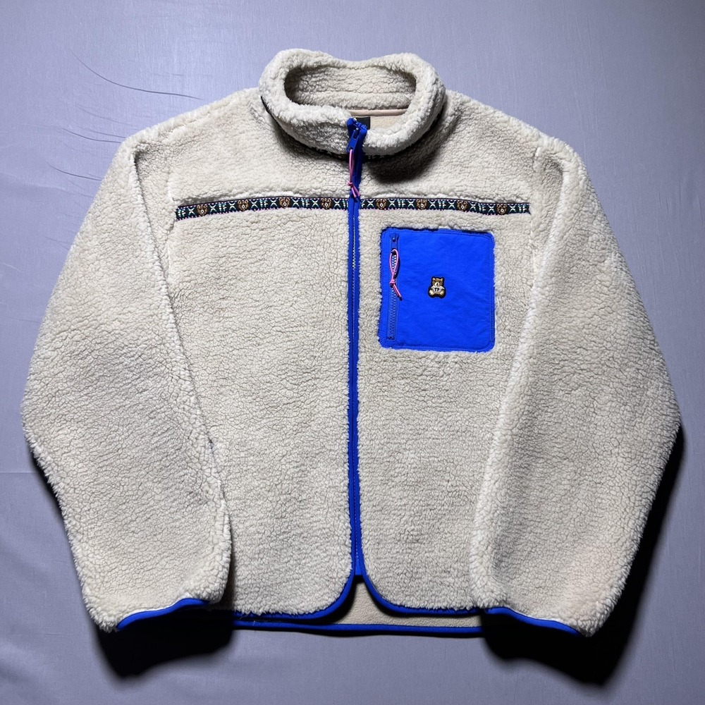 Teddy Fresh Sherpa Fleece Jacket Mens Large Cream Blue Full Zip Chest‎ Pocket